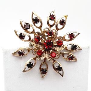 Vintage Small Filigree Garnet Red Rhinestone Flower Brooch, 1 7/8 Inches